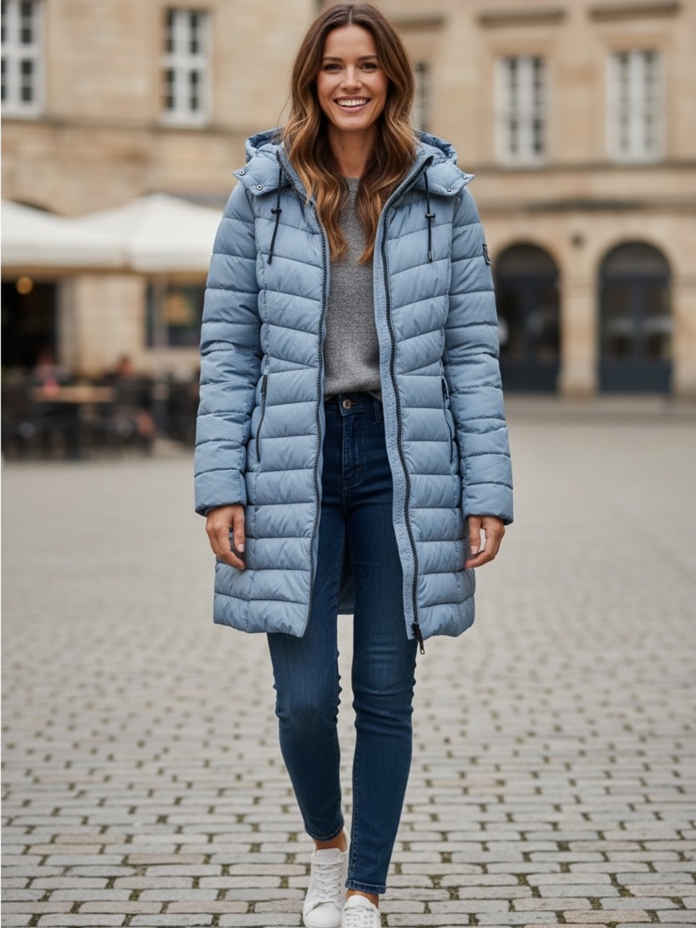 Steve Madden Quilted Hooded Puffer Jacket in Slate Blue